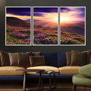 Beautiful Mountain Sunset Landscape with Purple Flowers