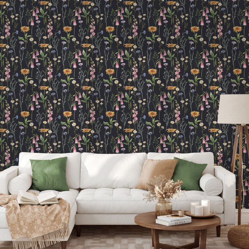 Hand-drawn Wildflowers on Dark Background Wallpaper