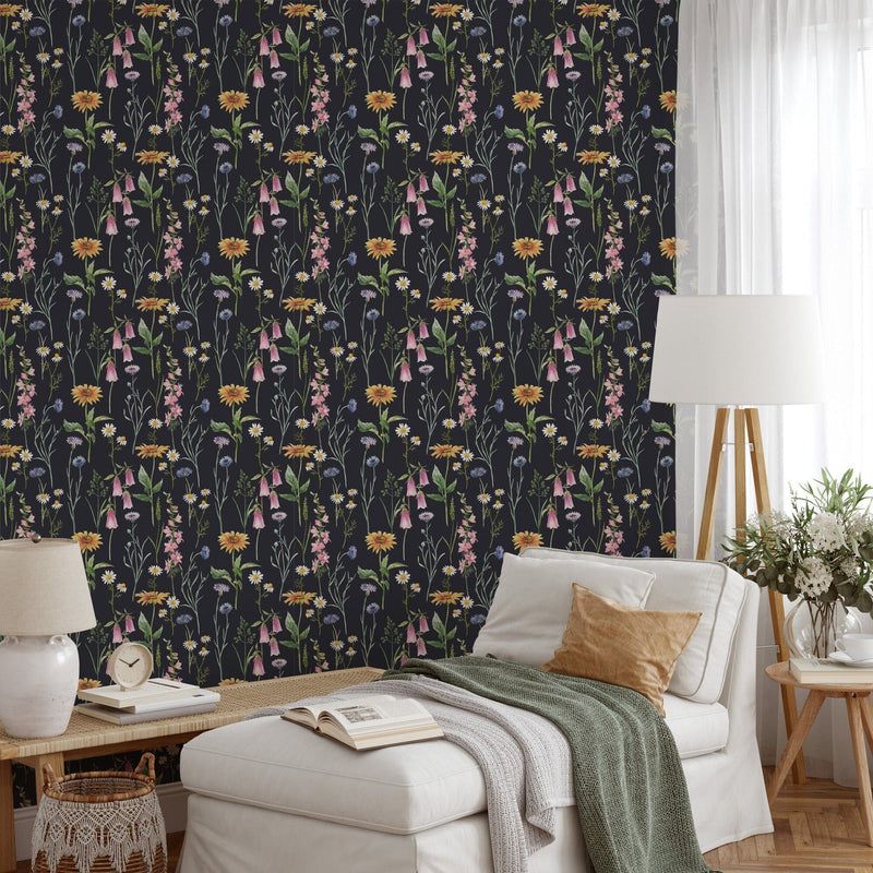 Hand-drawn Wildflowers on Dark Background Wallpaper