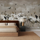 Beige Japanese Chinoiserie Cranes Wall Mural