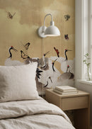 Golden Japanese Chinoiserie Cranes Wall Mural