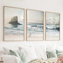 Ocean Beach with Rocks. Beige Blue Coastal Triptych by Wall Art Set
