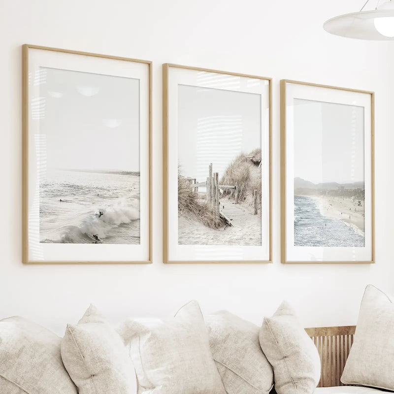 3 Piece Coastal Landscape. Waves, Surfers, Beach Pathway