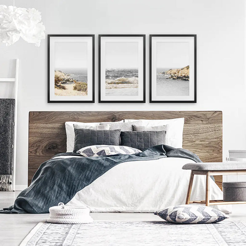3 Piece Beige Ocean Beach Decor. Gray Waves with Rocks Wall Art