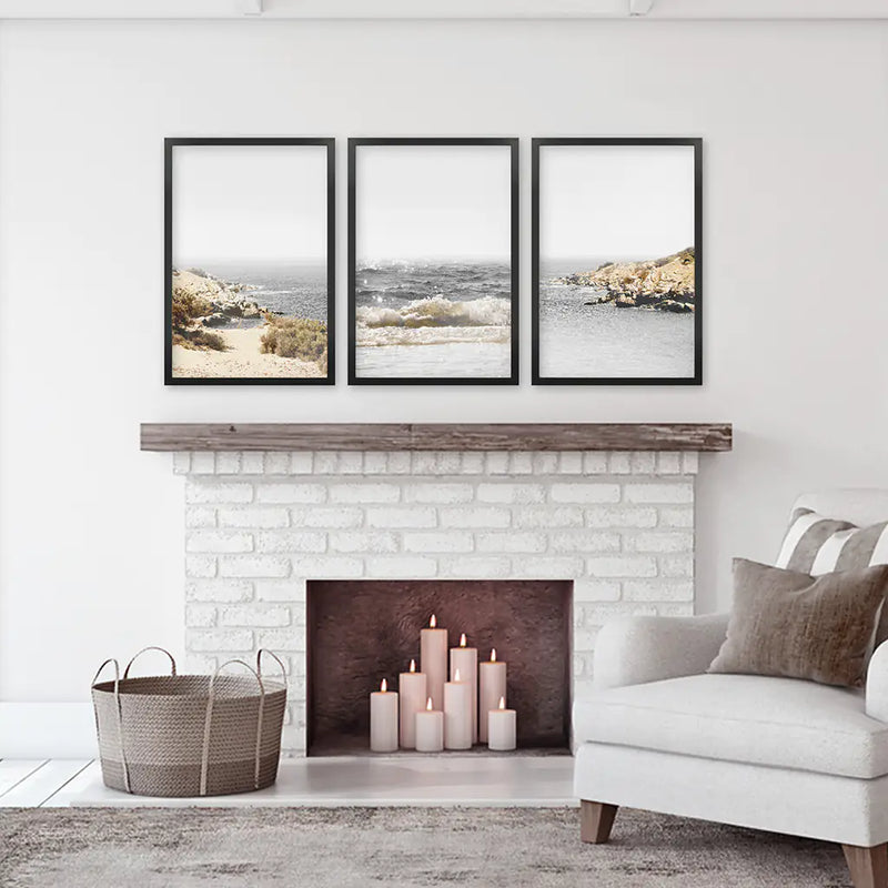 3 Piece Beige Ocean Beach Decor. Gray Waves with Rocks Wall Art
