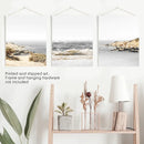 3 Piece Beige Ocean Beach Decor. Gray Waves with Rocks Wall Art by Wall Art Set