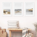 3 Piece Beige Ocean Beach Decor. Gray Waves with Rocks Wall Art