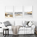 3 Piece Beige Ocean Beach Decor. Gray Waves with Rocks Wall Art by Wall Art Set