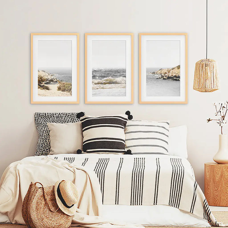 3 Piece Beige Ocean Beach Decor. Gray Waves with Rocks Wall Art