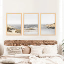 3 Piece Beige Ocean Beach Decor. Gray Waves with Rocks Wall Art by Wall Art Set