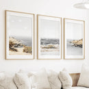 3 Piece Beige Ocean Beach Decor. Gray Waves with Rocks Wall Art by Wall Art Set
