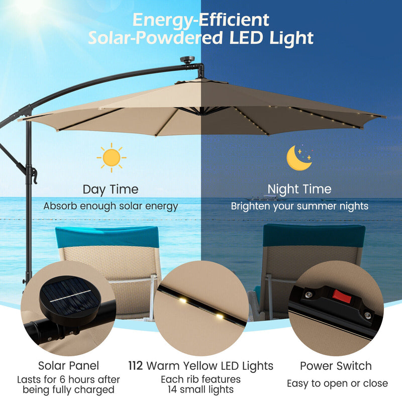 10 Feet Patio Offset Umbrella with 112 Solar-Powered LED Lights-Beige