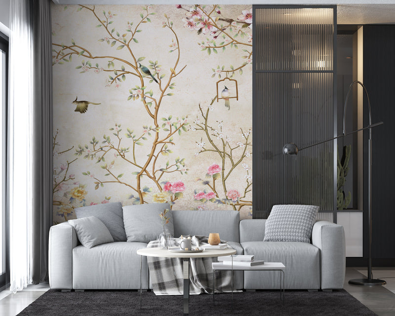 Vintage Cherry Blossom Chinoiserie Wallpaper Mural