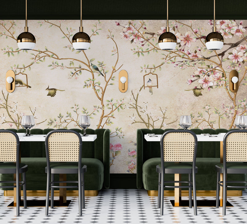 Vintage Cherry Blossom Chinoiserie Wallpaper Mural