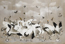 Beige Japanese Chinoiserie Cranes Wall Mural