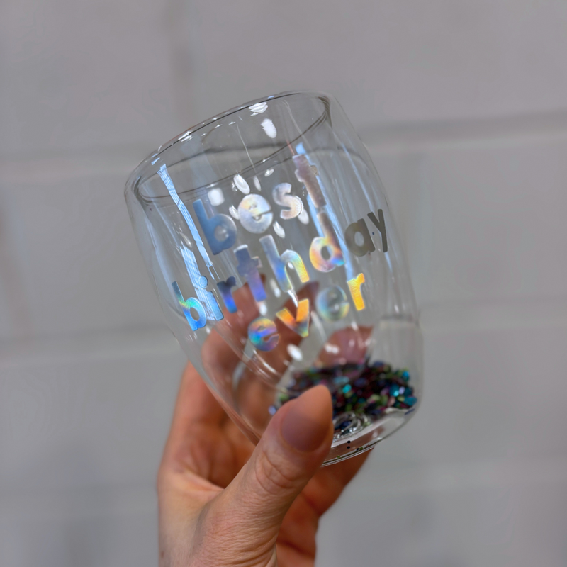 Best Birthday Ever Confetti Cup! Double-Wall Stemless Party Glass With Sequins Inside