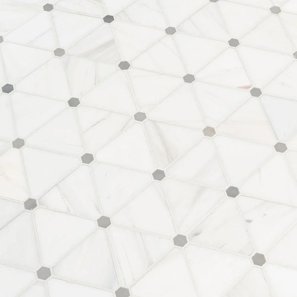 MSI Bianco Dolomite Pinwheel Polished Marble Mosaic Tile 12"x14", angled view