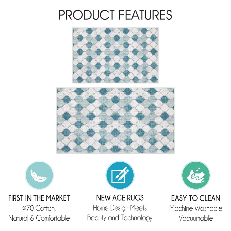 Moroccan Design Non Skid Washable Kitchen Runner Rugs Set of 2| 44 x 24 and 31.5 x 20 Inches Floor Mats |Gray&Blue