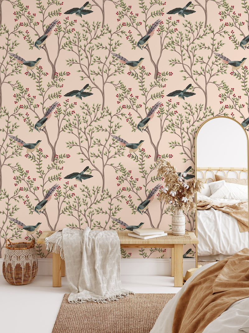 Vintage Chinoiserie Flying Birds Wallpaper