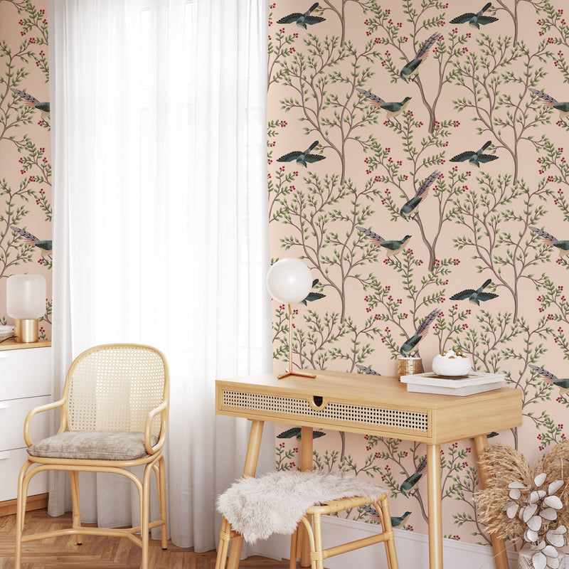 Vintage Chinoiserie Flying Birds Wallpaper