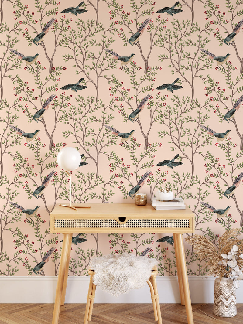 Vintage Chinoiserie Flying Birds Wallpaper