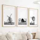 Black White Set of 3 Farm Style Prints. Windmill, Barn, Vane by Wall Art Set
