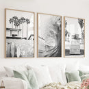 Black White California Surfing Prints. Van, Ocean Wave, Surfboards by Wall Art Set