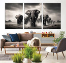 Black White Elephant Family Wall Art Canvas Print