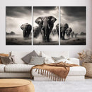 Black White Elephant Family Wall Art Canvas Print