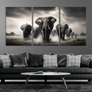 Black White Elephant Family Wall Art Canvas Print