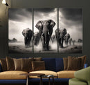 Black White Elephant Family Wall Art Canvas Print