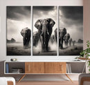 Black White Elephant Family Wall Art Canvas Print