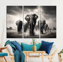 Black White Elephant Family Wall Art Canvas Print