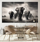 Black White Elephant Family Wall Art Canvas Print