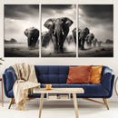 Black White Elephant Family Wall Art Canvas Print