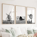 Black White Set of 3 Farm Style Prints. Windmill, Barn, Vane by Wall Art Set