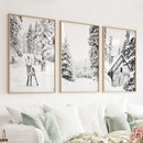 Black White Winter Woodland Wall Art Set. Reindeers, Cabin by Wall Art Set