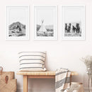 Black White Western Wall Art Set. Desert, Horses, Tepee by Wall Art Set