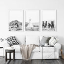 Black White Western Wall Art Set. Desert, Horses, Tepee by Wall Art Set