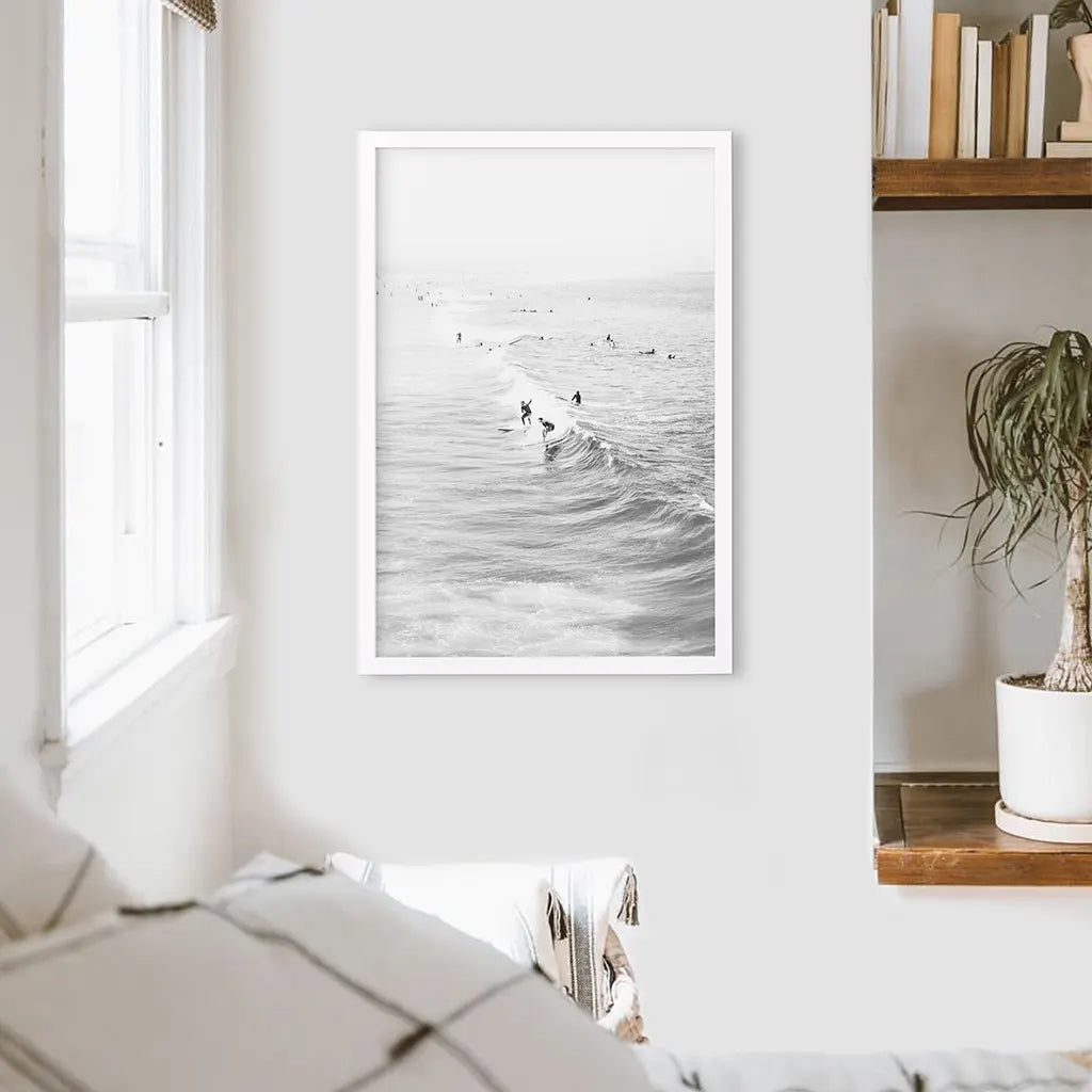 Black White Surfers on the Waves Wall Art Print, photo 5 of 10