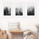 Misty Trees Wall Art. Black White Pine Forest Prints by Wall Art Set