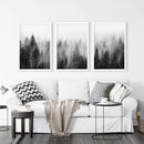 Misty Trees Wall Art. Black White Pine Forest Prints by Wall Art Set
