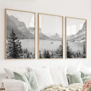 Glacier National Park. US Black White Mountain Lake Prints by Wall Art Set
