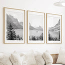 Glacier National Park. US Black White Mountain Lake Prints by Wall Art Set