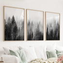 Misty Trees Wall Art. Black White Pine Forest Prints by Wall Art Set