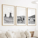 Farmhouse Black White Wall Art. Windmill, 3 Cows, Hay Bales by Wall Art Set