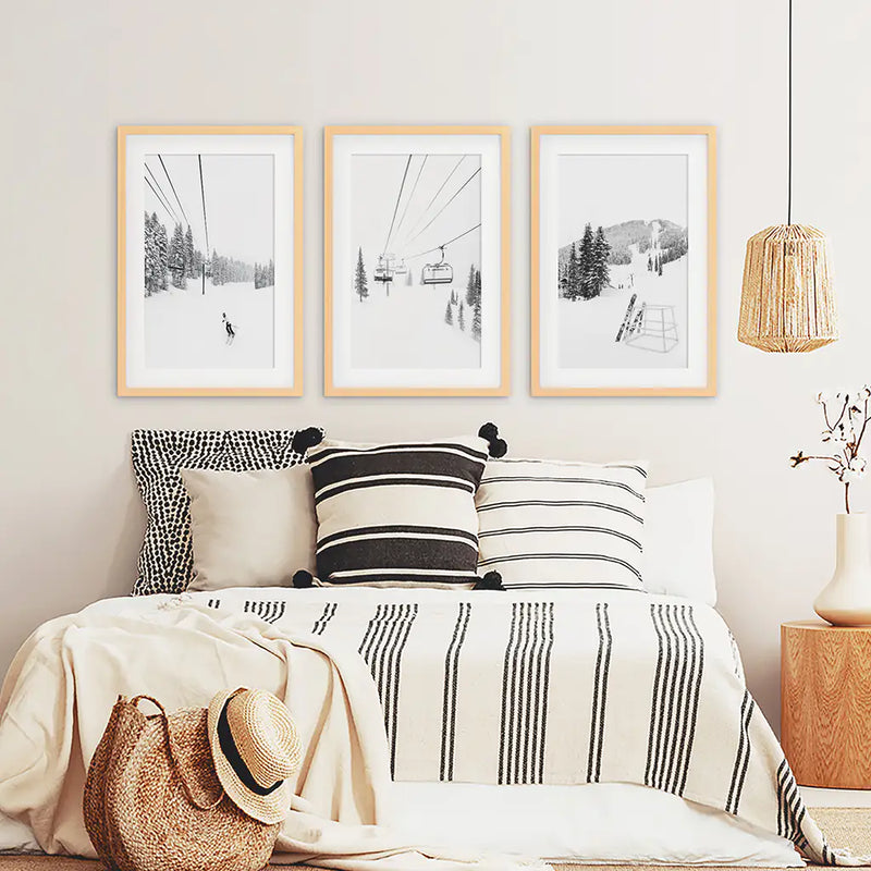 3 Piece Black White Winter Sport Wall Art Set. Ski Lodge