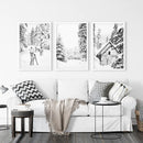 Black White Winter Woodland Wall Art Set. Reindeers, Cabin by Wall Art Set