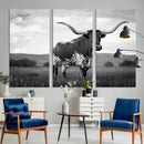 Black and White Longhorn Texas Cow Canvas Wall Art Print by MyGreatCanvas | Canvas Wall Art Prints | Photo Prints & Wall Decor