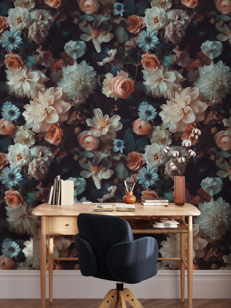 Moody Floral Wallpaper with Dark and Elegant Roses, Dahlias, and Anemones
